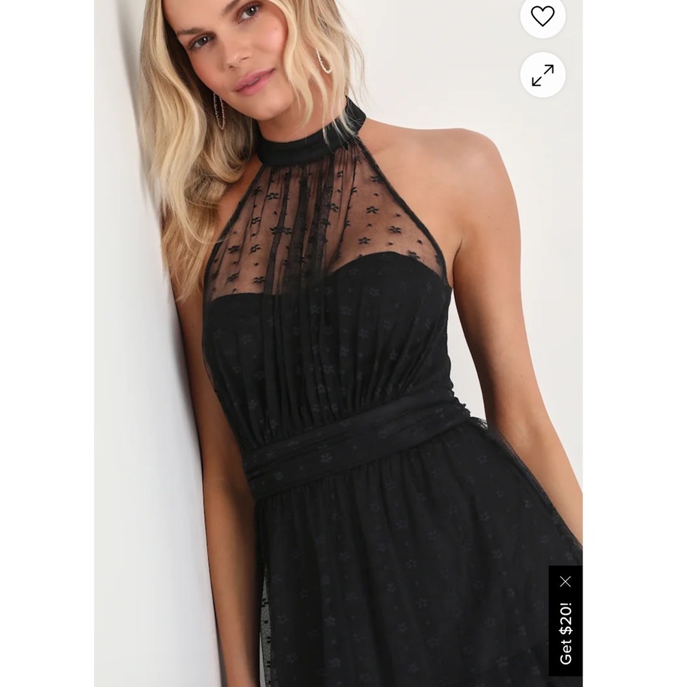 Lulus Black Floral Mesh Halter Midi Dress Tiered Party Cocktail NWT - Picture 3 of 8